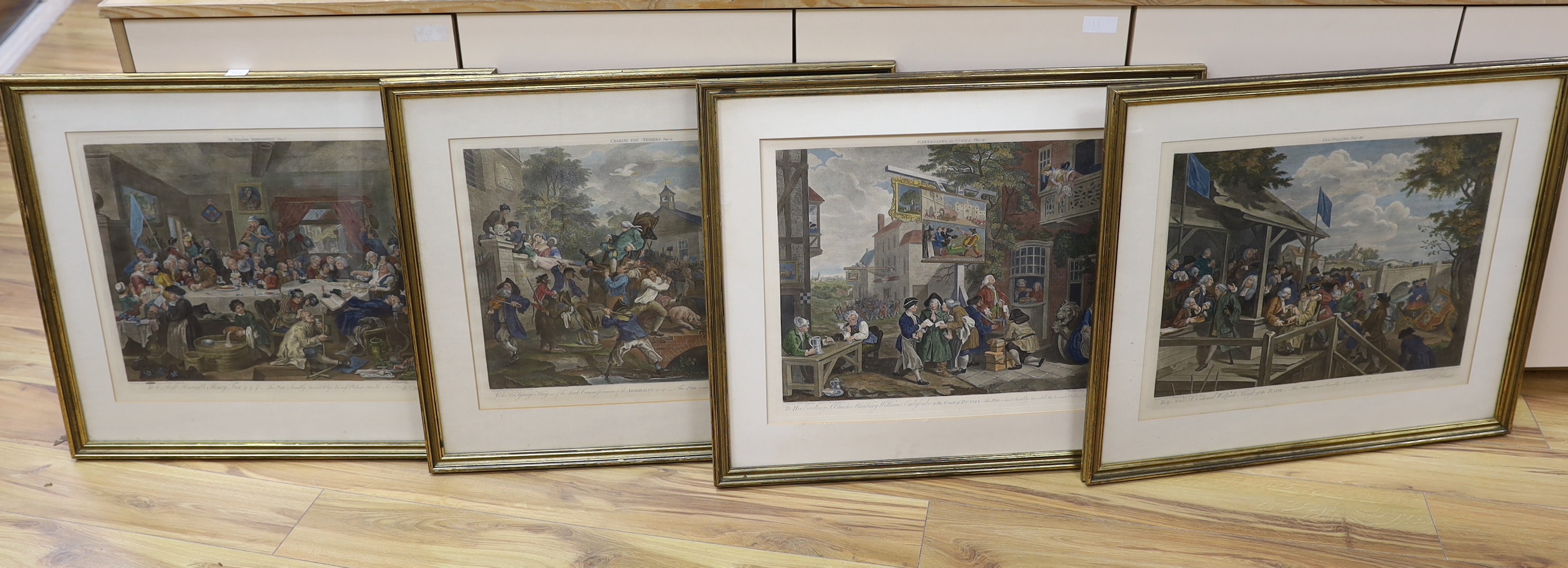 After William Hogarth, set of four hand coloured engravings, 'The Election Series', visible sheet, 46 x 58cm